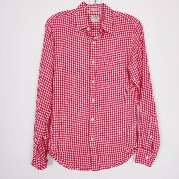 J. Crew Men's 100% Linen Gingham Burton Down Shirt in Red White Size XS - Picture 1 of 7